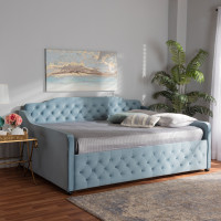 Baxton Studio Freda-Light Blue Velvet-Daybed-Full Freda Transitional and Contemporary Light Blue Velvet Fabric Upholstered and Button Tufted Full Size Daybed